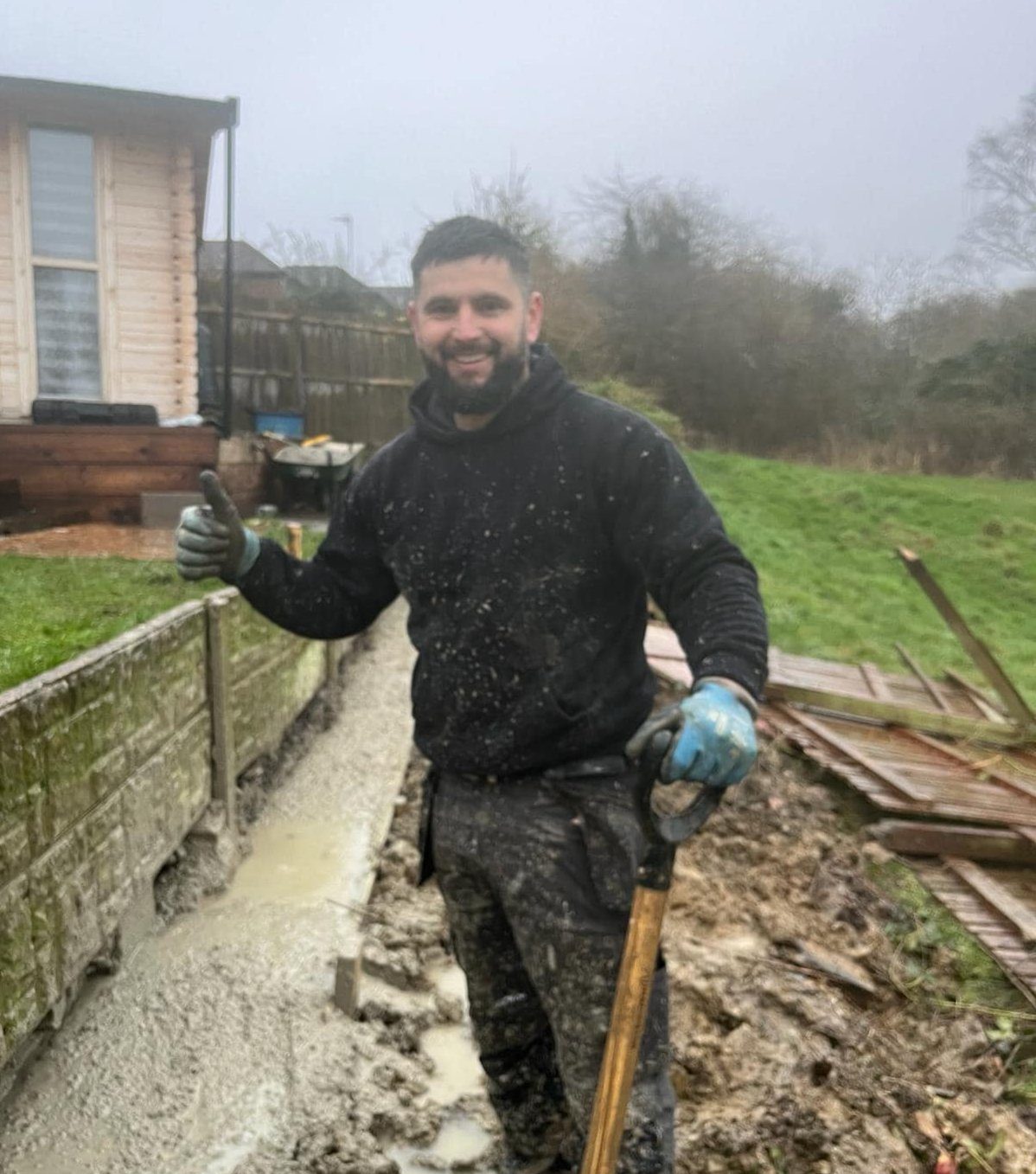 Paulin on site — laying concrete in a Sheffield garden
